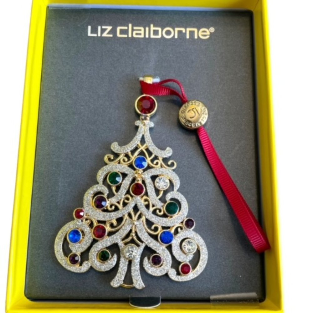 NWT LIZ CLAIBORNE 2016 Holiday Christmas Ornament Jeweled Tree In Box Gold Tone